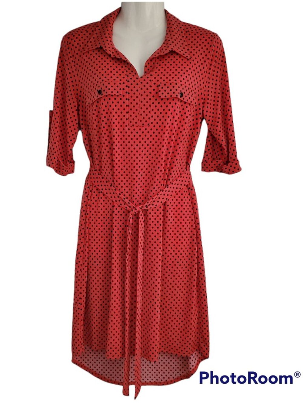 Enfocus Studio Women's Red Black Polka Dot High-Low Hem Shirt Dress Size 8 - Picture 3 of 9